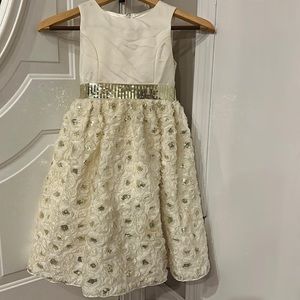 warm cream color dress with gold sequin belt.. perfect for the holidays!